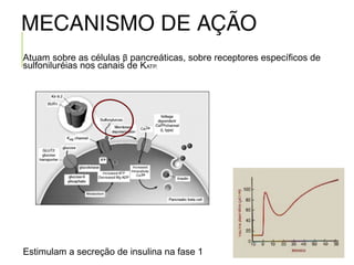 Atuam sobre as células β pancreáticas, sobre receptores específicos de
sulfoniluréias nos canais de KATP.
Estimulam a secreção de insulina na fase 1
MECANISMO DE AÇÃO
 