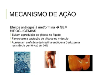 MECANISMO DE AÇÃO
Efeitos análogos à metformina  SEM
HIPOGLICEMIAS
 Evitam a produção de glicose no fígado
 Favorecem a captação de glicose no músculo
 Aumentam a eficácia da insulina endôgena (reduzem a
resistência periférica) em 30%
 