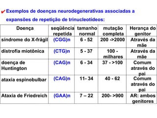 (CAG)n 11- 34 40 - 62 Comum através do pai Ataxia de Friedreich (GAA)n 7 – 22 200- >900 AR: ambos genitores  Exemplos de doenças neurodegenerativas associadas a expansões de repetição de trinucleotídeos: Doença seqüência repetida tamanho normal mutação completa Herança do genitor síndrome do X-frágil (CGG)n 6 - 52 200 ->2000 Através da mãe distrofia miotônica (CTG)n 5 - 37 100 - milhares Através da mãe doença de  Huntington (CAG)n 6 - 34 37 - >100 Comum através do pai ataxia espinobulbar 
