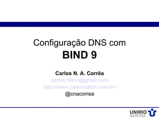 Configuração DNS com
          BIND 9
        Carlos N. A. Corrêa
     carlos.nilton@gmail.com
  http://www.carlosnilton.com.br/
            @cnacorrea
 