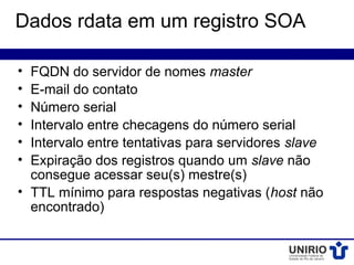 Dados rdata em um registro SOA

• FQDN do servidor de nomes master
• E-mail do contato
• Número serial
• Intervalo entre checagens do número serial
• Intervalo entre tentativas para servidores slave
• Expiração dos registros quando um slave não
  consegue acessar seu(s) mestre(s)
• TTL mínimo para respostas negativas (host não
  encontrado)
 