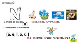 1.-Início de sílaba: Nariz, ninho, nuvem, neto.
2.- Vogal seguida de “n” na mesma sílaba:
anjo, encontro, infusão, horizonte, ungir
[n]
[ã, ẽ, ĩ, õ, ũ ]
 