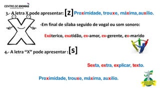[z]
4.- A letra “X” pode apresentar :
-Em final de sílaba seguido de som surdo: Sexta, extra, explicar, texto.
Proximidade, trouxe, máxima, auxílio.
[s]
3.- A letra X pode apresentar: Proximidade, trouxe, máxima,auxílio.
-Em final de sílaba seguido de vogal ou som sonoro:
Exóterico, exatidão, ex-amor, ex-gerente, ex-marido
 