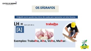 OS DÍGRAFOS
LH = tem som de Li.
[ ]
Exemplos: Trabalho, Alho, Velho, Malhar.
O dígrafo ocorre quando duas letras são usadas para representar um único fonema.
trabalho
[λ]
 