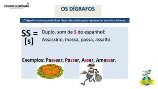 OS DÍGRAFOS
SS =
Exemplos: Passear, Passar, Assar, Amassar.
O dígrafo ocorre quando duas letras são usadas para representar um único fonema.
Duplo, som de S do espanhol:
Assassino, massa, passa, assalto.
[s]
 