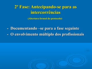 2ª Fase: Antecipando-se para as2ª Fase: Antecipando-se para as
intercorrênciasintercorrências
(Abertura formal do protocolo)(Abertura formal do protocolo)
- Documentando –se para a fase seguinte- Documentando –se para a fase seguinte
- O envolvimento múltiplo dos profissionais- O envolvimento múltiplo dos profissionais
 