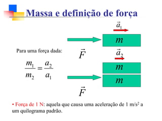 Massa e definição de força
m
F
r
1
a
r
m
m
F
r
2
a
r
Para uma força dada:
1
2
2
1
a
a
m
m
=
• Força de 1 N: aquela que causa uma aceleração de 1 m/s2 a
um quilograma padrão.
 