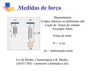Medidas de força
Dinamômetro
Corpos elásticos se deformam sob
a ação de forças de contato.
Exemplo: Mola
Força de mola
F= - k Δx
Lei de Hooke, ( homenagem a R. Hooke,
(1635-1703) o primeiro a formular a lei)
Δx = deformação mola
x0
x0 + Δx
 