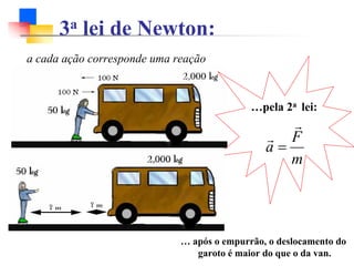 3a lei de Newton:
a cada ação corresponde uma reação
… após o empurrão, o deslocamento do
garoto é maior do que o da van.
…pela 2a lei:
m
F
a
r
r
=
www.aloha.com/~isaac/
3laws
 
