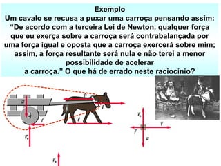 Exemplo
Um cavalo se recusa a puxar uma carroça pensando assim:
“De acordo com a terceira Lei de Newton, qualquer força
que eu exerça sobre a carroça será contrabalançada por
uma força igual e oposta que a carroça exercerá sobre mim;
assim, a força resultante será nula e não terei a menor
possibilidade de acelerar
a carroça.” O que há de errado neste raciocínio?
 