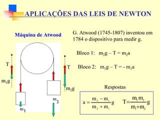 a
m
T
g
m 2
2 =
−
Respostas
Máquina de Atwood
m2g
T
T
m1g
g
m
m
m
m
a
1
2
1
2
+
−
= g
m
m
m
m
T
2
1
2
1
+
=
G. Atwood (1745-1807) inventou em
1784 o dispositivo para medir g.
Bloco 1: m2g – T = m2a
Bloco 2: m1g – T = - m1a
APLICAÇÕES DAS LEIS DE NEWTON
 
