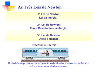 1a Lei de Newton:
Lei da Inércia.
2a Lei de Newton:
Força Resultante e acelerção.
3a Lei de Newton:
Ação e Reação.
As Três Leis de Newton
Referencial Inercial!!!!
O pêndulo só permanecerá na posição vertical sobre a marca vermelha se o
trêm possuir velocidade constante.
 
