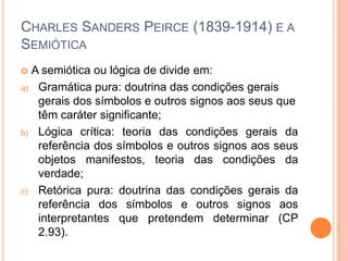 CHARLES SANDERS PEIRCE (1839-1914) E A
SEMIÓTICA
 A semiótica ou lógica de divide em:
a) Gramática pura: doutrina das condições gerais
gerais dos símbolos e outros signos aos seus que
têm caráter significante;
b) Lógica crítica: teoria das condições gerais da
referência dos símbolos e outros signos aos seus
objetos manifestos, teoria das condições da
verdade;
c) Retórica pura: doutrina das condições gerais da
referência dos símbolos e outros signos aos
interpretantes que pretendem determinar (CP
2.93).
 