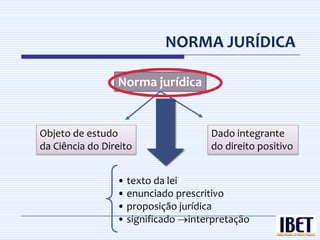 NORMA JURÍDICA

                 Norma jurídica


Objeto de estudo                    Dado integrante
da Ciência do Direito               do direito positivo


                 • texto da lei
                 • enunciado prescritivo
                 • proposição jurídica
                 • significado interpretação
 