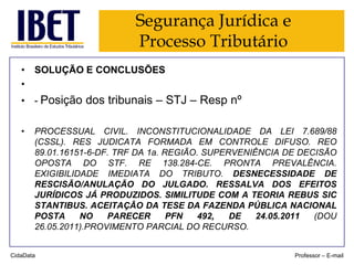 Segurança Jurídica e
Processo Tributário
• SOLUÇÃO E CONCLUSÕES
•
• - Posição dos tribunais – STJ – Resp nº
•

PROCESSUAL CIVIL. INCONSTITUCIONALIDADE DA LEI 7.689/88
(CSSL). RES JUDICATA FORMADA EM CONTROLE DIFUSO. REO
89.01.16151-6-DF. TRF DA 1a. REGIÃO. SUPERVENIÊNCIA DE DECISÃO
OPOSTA DO STF. RE 138.284-CE. PRONTA PREVALÊNCIA.
EXIGIBILIDADE IMEDIATA DO TRIBUTO. DESNECESSIDADE DE
RESCISÃO/ANULAÇÃO DO JULGADO. RESSALVA DOS EFEITOS
JURÍDICOS JÁ PRODUZIDOS. SIMILITUDE COM A TEORIA REBUS SIC
STANTIBUS. ACEITAÇÃO DA TESE DA FAZENDA PÚBLICA NACIONAL
POSTA
NO
PARECER
PFN
492,
DE
24.05.2011
(DOU
26.05.2011).PROVIMENTO PARCIAL DO RECURSO.

CidaData

Professor – E-mail

 