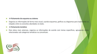  → Fichamento de esquema ou sistema
 Organiza as informações de forma mais visual, usando esquemas, gráficos ou diagramas para representar as
relações entre os conceitos abordados no texto.
 → Fichamento temático
 Para obras mais extensas, organiza as informações de acordo com temas específicos, agrupando ideias
relacionadas sob categorias temáticas ou conceituais.
 