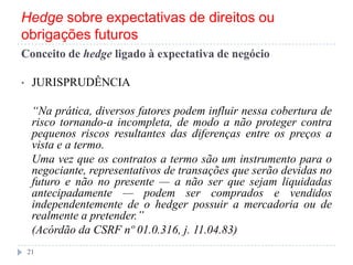 Hedge sobre expectativas de direitos ou
obrigações futuros
Conceito de hedge ligado à expectativa de negócio
• JURISPRUDÊNCIA
―Na prática, diversos fatores podem influir nessa cobertura de
risco tornando-a incompleta, de modo a não proteger contra
pequenos riscos resultantes das diferenças entre os preços a
vista e a termo.
Uma vez que os contratos a termo são um instrumento para o
negociante, representativos de transações que serão devidas no
futuro e não no presente — a não ser que sejam liquidadas
antecipadamente — podem ser comprados e vendidos
independentemente de o hedger possuir a mercadoria ou de
realmente a pretender.‖
(Acórdão da CSRF nº 01.0.316, j. 11.04.83)
21
 