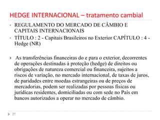 HEDGE INTERNACIONAL – tratamento cambial
• REGULAMENTO DO MERCADO DE CÂMBIO E
CAPITAIS INTERNACIONAIS
• TÍTULO : 2 - Capitais Brasileiros no Exterior CAPÍTULO : 4 -
Hedge (NR)
 As transferências financeiras do e para o exterior, decorrentes
de operações destinadas à proteção (hedge) de direitos ou
obrigações de natureza comercial ou financeira, sujeitos a
riscos de variação, no mercado internacional, de taxas de juros,
de paridades entre moedas estrangeiras ou de preços de
mercadorias, podem ser realizadas por pessoas físicas ou
jurídicas residentes, domiciliadas ou com sede no País em
bancos autorizados a operar no mercado de câmbio.
27
 