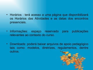 Horários : terá acesso a uma página que disponibilizará os Horários das Atividades e as datas dos encontros presenciais. Informações: espaço reservado para publicações relevantes ao contexto do curso. Downloads: poderá baixar arquivos de apoio pedagógico tais como: modelos, diretrizes, regulamentos, dentre outros. 