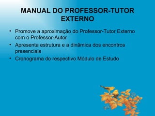 MANUAL DO PROFESSOR-TUTOR EXTERNO Promove a aproximação do Professor-Tutor Externo com o Professor-Autor Apresenta estrutura e a dinâmica dos encontros presenciais  Cronograma do respectivo Módulo de Estudo 