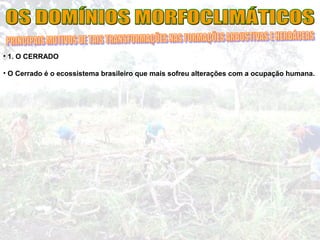 • 1. O CERRADO
• O Cerrado é o ecossistema brasileiro que mais sofreu alterações com a ocupação humana.
 