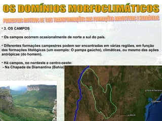 • 3. OS CAMPOS
• Os campos ocorrem ocasionalmente de norte a sul do país.
• Diferentes formações campestres podem ser encontradas em várias regiões, em função
das formações litológicas (um exemplo: O pampa gaúcho), climáticas, ou mesmo das ações
antrópicas (do homem).
• Há campos, no nordeste e centro-oeste:
- Na Chapada da Diamantina (Bahia)
 