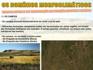 • 3. OS CAMPOS
• Os campos ocorrem ocasionalmente de norte a sul do país.
• Diferentes formações campestres podem ser encontradas em várias regiões, em função
das formações litológicas (um exemplo: O pampa gaúcho), climáticas, ou mesmo das ações
antrópicas (do homem).
• Há campos, no nordeste e centro-oeste:
- Na Chapada da Diamantina (Bahia)
- Na Chapada dos Veadeiros (Goiás)
 