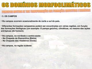 • 3. OS CAMPOS
• Os campos ocorrem ocasionalmente de norte a sul do país.
• Diferentes formações campestres podem ser encontradas em várias regiões, em função
das formações litológicas (um exemplo: O pampa gaúcho), climáticas, ou mesmo das ações
antrópicas (do homem).
• Há campos, no nordeste e centro-oeste:
- Na Chapada da Diamantina (Bahia)
- Na Chapada dos Veadeiros (Goiás)
• Há campos, na região sudeste:
 