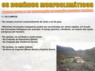 • 3. OS CAMPOS
• Os campos ocorrem ocasionalmente de norte a sul do país.
• Diferentes formações campestres podem ser encontradas em várias regiões, em função
das formações litológicas (um exemplo: O pampa gaúcho), climáticas, ou mesmo das ações
antrópicas (do homem).
• Há campos, no nordeste e centro-oeste:
- Na Chapada da Diamantina (Bahia)
- Na Chapada dos Veadeiros (Goiás)
• Há campos, na região sudeste:
- Na Serra do Caparaó (Minas Gerais e Espírito Santo)
 