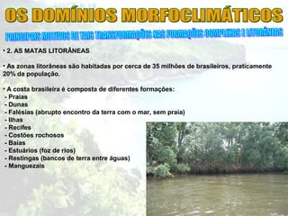• 2. AS MATAS LITORÂNEAS
• As zonas litorâneas são habitadas por cerca de 35 milhões de brasileiros, praticamente
20% da população.
• A costa brasileira é composta de diferentes formações:
- Praias
- Dunas
- Falésias (abrupto encontro da terra com o mar, sem praia)
- Ilhas
- Recifes
- Costões rochosos
- Baías
- Estuários (foz de rios)
- Restingas (bancos de terra entre águas)
- Manguezais
 