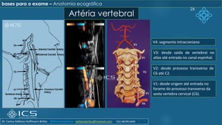 26
Artéria vertebral
bases para o exame – Anatomia ecográfica
V1: desde origem até entrada no
forame do processo transverso da
sexta vertebra cervical (C6).
V2: desde processo transverso de
C6 até C2.
V3: desde saída de vertebral no
atlas até entrada no canal espinhal.
V4: segmento intracraniano
Dr. Carlos Stéfano Hoffmann Britto @drcarlosstefano stefanobritto@hotmail.com (31) 98799-0405
 