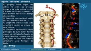 96
Doppler – vertebrais - anatomia
V1 (origem): desde origem até
entrada no forame do processo
transverso da sexta vertebra cervical
(C6); pode ser tortuoso e representa o
local de maior incidência de doença
aterosclerótica.
V2 (segmento interapofisário): desde
processo transverso de C6 até C2.
V3 ( segmento cefálico): desde saída
de vertebral no atlas até entrada no
canal espinhal.
V4 (segmento intracraniano): desde
perfuração da dura máter (forame
magno) até artéria basilar. Ressalte-se
o ramo cerebelar posterior inferior
(ACPI), antes da fusão com vertebral
contralateral para formação da
basilar.
Dr. Carlos Stéfano Hoffmann Britto @drcarlosstefano stefanobritto@hotmail.com (31) 98799-0405
 