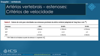 Artérias vertebrais – estenoses:
Critérios de velocidade
99
Doppler - vertebrais
Dr. Carlos Stéfano Hoffmann Britto @drcarlosstefano stefanobritto@hotmail.com (31) 98799-0405
 