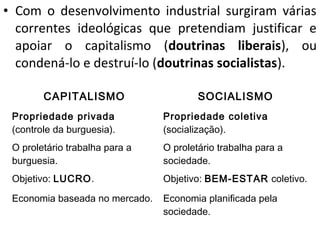 • Com o desenvolvimento industrial surgiram várias
  correntes ideológicas que pretendiam justificar e
  apoiar o capitalismo (doutrinas liberais), ou
  condená-lo e destruí-lo (doutrinas socialistas).

        CAPITALISMO                     SOCIALISMO
 Propriedade privada            Propriedade coletiva
 (controle da burguesia).       (socialização).
 O proletário trabalha para a   O proletário trabalha para a
 burguesia.                     sociedade.
 Objetivo: LUCRO.               Objetivo: BEM-ESTAR coletivo.

 Economia baseada no mercado.   Economia planificada pela
                                sociedade.
 