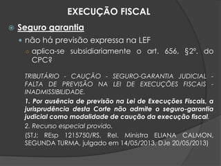  Seguro garantia
 não há previsão expressa na LEF
○ aplica-se subsidiariamente o art. 656, §2º. do
CPC?
TRIBUTÁRIO - CAUÇÃO - SEGURO-GARANTIA JUDICIAL -
FALTA DE PREVISÃO NA LEI DE EXECUÇÕES FISCAIS -
INADMISSIBILIDADE.
1. Por ausência de previsão na Lei de Execuções Fiscais, a
jurisprudência desta Corte não admite o seguro-garantia
judicial como modalidade de caução da execução fiscal.
2. Recurso especial provido.
(STJ; REsp 1215750/RS, Rel. Ministra ELIANA CALMON,
SEGUNDA TURMA, julgado em 14/05/2013, DJe 20/05/2013)
EXECUÇÃO FISCAL
 