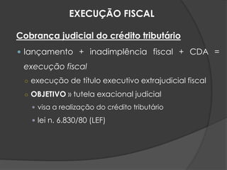 Cobrança judicial do crédito tributário
 lançamento + inadimplência fiscal + CDA =
execução fiscal
○ execução de título executivo extrajudicial fiscal
○ OBJETIVO » tutela exacional judicial
 visa a realização do crédito tributário
 lei n. 6.830/80 (LEF)
EXECUÇÃO FISCAL
 