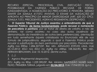 RECURSO ESPECIAL. PROCESSUAL CIVIL. EXECUÇÃO FISCAL.
POSSIBILIDADE DA FAZENDA PÚBLICA RECUSAR, DE FORMA
FUNDAMENTADA, A NOMEAÇÃO DO PRECATÓRIO À PENHORA, MESMO
DIANTE DA SÚMULA 417/STJ. INVIÁVEL O EXAME DA ALEGAÇÃO DE
AFRONTA AO PRINCÍPIO DA MENOR ONEROSIDADE (ART. 620 DO CPC).
SÚMULA 7/STJ. PRECEDENTES. AGRAVO REGIMENTAL DESPROVIDO.
1. O Superior Tribunal de Justiça assentou o entendimento de que a
Fazenda Pública, de forma fundamentada, pode recusar a nomeação
de precatório à penhora, por se tratar de direito de crédito, e não de
dinheiro, tal como ocorreu no caso dos autos (ausência de
demonstração da inexistência de outros bens preferenciais), orientação
em tudo semelhante àquela cristalizada no Enunciado 406 de sua
Súmula de jurisprudência, segundo o qual a Fazenda Pública pode
recusar a substituição do bem penhorado por precatório. Precedentes:
AgRg nos EREsp 1.284.327/DF, Rel. Min. ARNALDO ESTEVES LIMA, DJe
05.12.2012; EDcl nos EDcl no AgRg no AREsp 108.562/RS, Rel. Min.
HERMAN BENJAMIN, DJe 10.10.2012, dentre outros.
2. (...).
3. Agravo Regimental desprovido.
(STJ; AgRg no REsp 1.229.390/SP, Rel. Ministro NAPOLEÃO NUNES MAIA
FILHO, PRIMEIRA TURMA, julgado em 02/04/2013, DJe 17/04/2013) (g.n.).
 