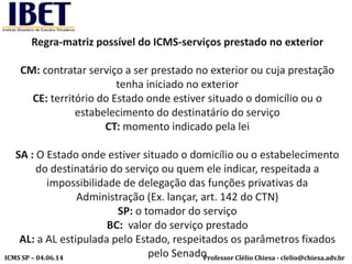 Professor Clélio Chiesa - clelio@chiesa.adv.brICMS SP – 04.06.14
Regra-matriz possível do ICMS-serviços prestado no exterior
CM: contratar serviço a ser prestado no exterior ou cuja prestação
tenha iniciado no exterior
CE: território do Estado onde estiver situado o domicílio ou o
estabelecimento do destinatário do serviço
CT: momento indicado pela lei
SA : O Estado onde estiver situado o domicílio ou o estabelecimento
do destinatário do serviço ou quem ele indicar, respeitada a
impossibilidade de delegação das funções privativas da
Administração (Ex. lançar, art. 142 do CTN)
SP: o tomador do serviço
BC: valor do serviço prestado
AL: a AL estipulada pelo Estado, respeitados os parâmetros fixados
pelo Senado
 