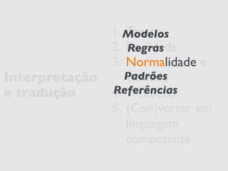 Interpretação 
e tradução 
1. Modelos 
Texto 
2. Realidade 
Regras 
3. Normalidade e 
Padrões 
verdade 
4. Referências 
Tradução 
5. (Con)verter em 
linguagem 
competente 
 