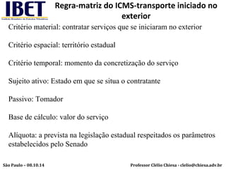 Regra-matriz do ICMS-transporte iniciado no 
exterior 
Critério material: contratar serviços que se iniciaram no exterior 
Critério espacial: território estadual 
Critério temporal: momento da concretização do serviço 
Sujeito ativo: Estado em que se situa o contratante 
Passivo: Tomador 
Base de cálculo: valor do serviço 
Alíquota: a prevista na legislação estadual respeitados os parâmetros 
estabelecidos pelo Senado 
Professor Clélio Chiesa - São Paulo – 08.10.14 clelio@chiesa.adv.br 
 