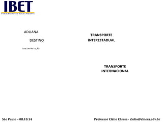 TRANSPORTE 
INTERESTADUAL 
TRANSPORTE 
INTERNACIONAL 
ADUANA 
DESTINO 
SUBCONTRATAÇÃO 
Professor Clélio Chiesa - São Paulo – 08.10.14 clelio@chiesa.adv.br 
 