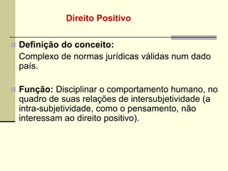 Direito Positivo
 Definição do conceito:
Complexo de normas jurídicas válidas num dado
país.
 Função: Disciplinar o comportamento humano, no
quadro de suas relações de intersubjetividade (a
intra-subjetividade, como o pensamento, não
interessam ao direito positivo).
 