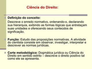 Ciência do Direito:
 Definição do conceito:
Descreve o enredo normativo, ordenando-o, declarando
sua hierarquia, exibindo as formas lógicas que entrelaçam
suas unidades e oferecendo seus conteúdos de
significação.
 Função: Estudo das proposições normativas. A atividade
do cientista consiste em observar, investigar, interpretar e
descrever as normas jurídicas.
 Corte metodológico: Dogmática jurídica ou Ciência do
Direito em sentido estrito – descreve o direito positivo tal
como ele se apresenta.
 