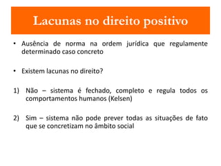 Lacunas no direito positivo 
• Ausência de norma na ordem jurídica que regulamente 
determinado caso concreto 
• Existem lacunas no direito? 
1) Não – sistema é fechado, completo e regula todos os 
comportamentos humanos (Kelsen) 
2) Sim – sistema não pode prever todas as situações de fato 
que se concretizam no âmbito social 
 
