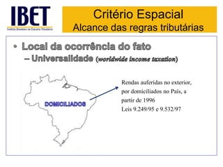 Critério Espacial 
Alcance das regras tributárias 
Rendas auferidas no exterior, 
por domiciliados no País, a 
partir de 1996 
Leis 9.249/95 e 9.532/97 
 