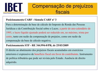 Compensação de prejuízos 
fiscais 
Posicionamento CARF - Súmula CARF nº 3 
Para a determinação da base de cálculo do Imposto de Renda das Pessoas 
Jurídicas e da Contribuição Social sobre o Lucro, a partir do ano-calendário de 
1995, o lucro líquido ajustado poderá ser reduzido em, no máximo, trinta por 
cento, tanto em razão da compensação de prejuízo, como em razão da 
compensação da base de cálculo negativa. 
Posicionamento STF - RE 344.994-0/PR, de 25/03/2009 
O direito ao abatimento dos prejuízos fiscais acumulados em exercícios 
anteriores é expressivo de benefício fiscal em favor do contribuinte. Instrumento 
de política tributária que pode ser revista pelo Estado. Ausência de direito 
adquirido. 
 