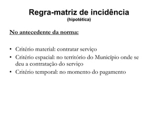 Regra-matriz de incidência
(hipotética)
No antecedente da norma:
• Critério material: contratar serviço
• Critério espacial: no território do Município onde se
deu a contratação do serviço
• Critério temporal: no momento do pagamento
 