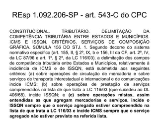 REsp 1.092.206-SP - art. 543-C do CPC
CONSTITUCIONAL. TRIBUTÁRIO. DELIMITAÇÃO DA
COMPETÊNCIA TRIBUTÁRIA ENTRE ESTADOS E MUNICÍPIOS.
ICMS E ISSQN. CRITÉRIOS. SERVIÇOS DE COMPOSIÇÃO
GRÁFICA. SÚMULA 156 DO STJ. 1. Segundo decorre do sistema
normativo específico (art. 155, II, § 2º, IX, b e 156, III da CF, art. 2º, IV,
da LC 87/96 e art. 1º, § 2º, da LC 116/03), a delimitação dos campos
de competência tributária entre Estados e Municípios, relativamente à
incidência de ICMS e de ISSQN, está submetida aos seguintes
critérios: (a) sobre operações de circulação de mercadoria e sobre
serviços de transporte interestadual e internacional e de comunicações
incide ICMS; (b) sobre operações de prestação de serviços
compreendidos na lista de que trata a LC 116/03 (que sucedeu ao DL
406/68), incide ISSQN; e (c) sobre operações mistas, assim
entendidas as que agregam mercadorias e serviços, incide o
ISSQN sempre que o serviço agregado estiver compreendido na
lista de que trata a LC 116/03 e incide ICMS sempre que o serviço
agregado não estiver previsto na referida lista.
 