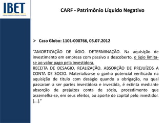 CARF - Patrimônio Líquido Negativo
 Caso Globo: 1101-000766, 05.07.2012
“AMORTIZAÇÃO DE ÁGIO. DETERMINAÇÃO. Na aquisição de
investimento em empresa com passivo a descoberto, o ágio limita-
se ao valor pago pela investidora.
RECEITA DE DESAGIO. REALIZAÇÃO. ABSORÇÃO DE PREJUÍZOS A
CONTA DE SOCIO. Materializa-se o ganho potencial verificado na
aquisição de titulo com deságio quando a obrigação, na qual
passaram a ser partes investidora e investida, é extinta mediante
absorção de prejuízos conta de sócio, procedimento que
assemelha-se, em seus efeitos, ao aporte de capital pelo investidor.
[...].”
 