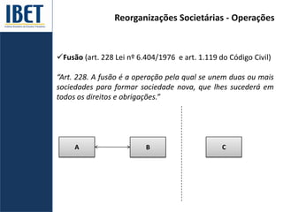 Reorganizações Societárias - Operações
Fusão (art. 228 Lei nº 6.404/1976 e art. 1.119 do Código Civil)
“Art. 228. A fusão é a operação pela qual se unem duas ou mais
sociedades para formar sociedade nova, que lhes sucederá em
todos os direitos e obrigações.”
A B C
 